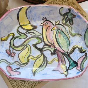 Handpainted Art Pottery Dish with Leaf Handles and Tropical Birds